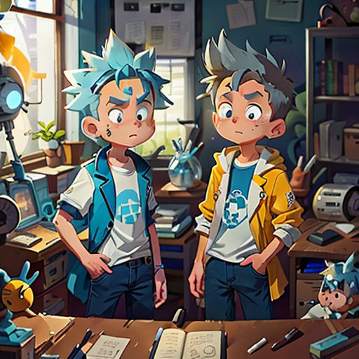 two boys standing in front of a desk with a book and a camera on it, with a book open