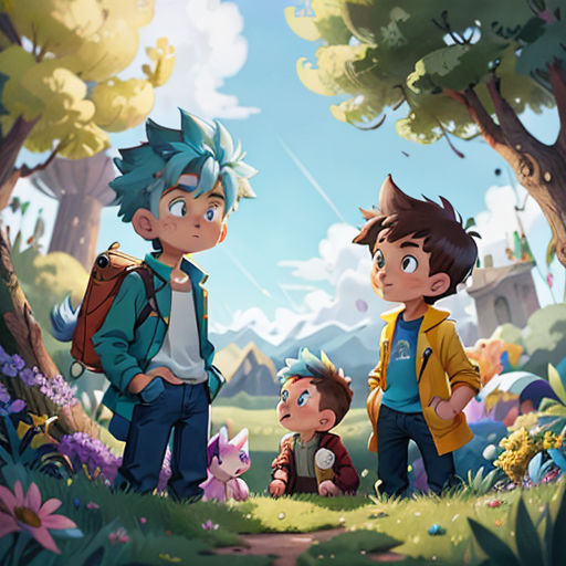 a group of people standing in a forest next to a forest with flowers and trees on it, with a boy holding a backpack