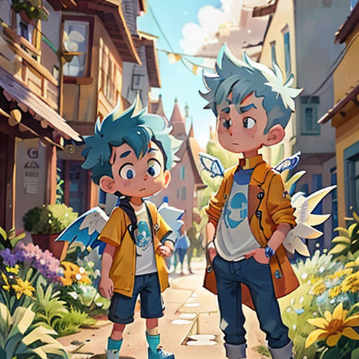 two young boys standing on a street in front of a flower garden and buildings with a sky background and a sunflower