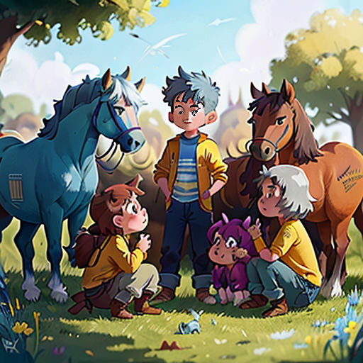 a group of children and horses in a field with trees and grass in the background, with a blue sky