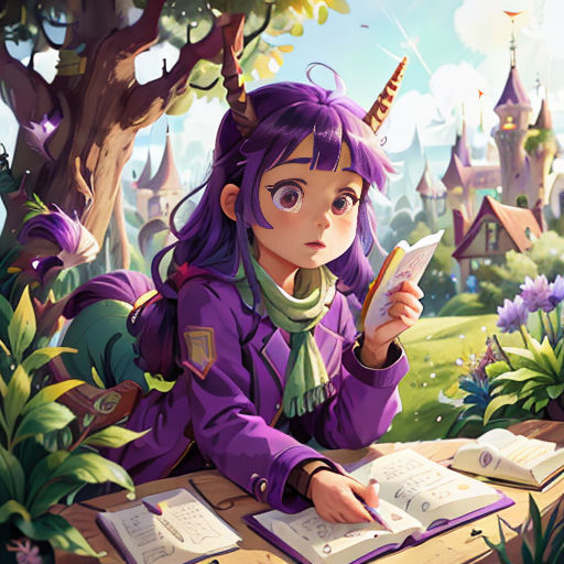 a girl sitting at a table with a book and a unicorn on her head and a book in her hand