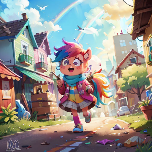 a girl is running down a street in a cartoon style with a rainbow in the background and a rainbow - colored house