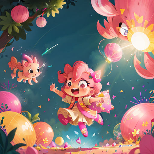 a cartoon girl flying through the air with balloons and flowers around her and a cat on the ground below