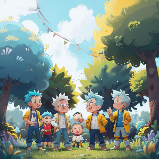 a group of people standing in a forest with trees and bushes in the background, with a kite flying overhead