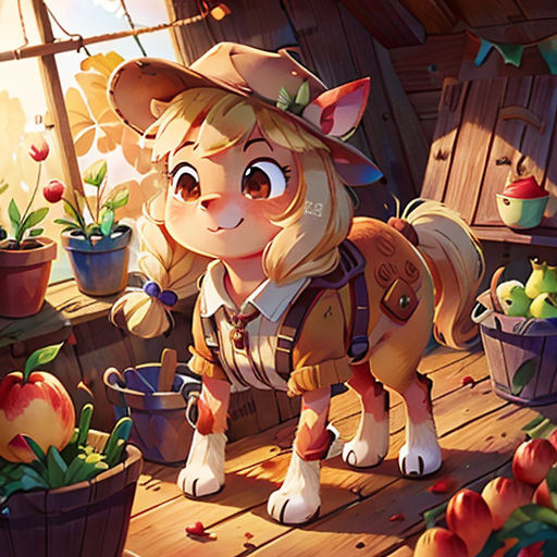 a cartoon character standing next to a wooden table filled with fruit and vegetables, with a cat in the background