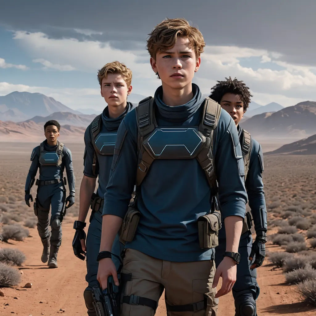 a group of young men walking across a desert field with guns in their hands and two of them wearing futuristic gear, antipodeans, a poster, Eve Ryder, promotional image