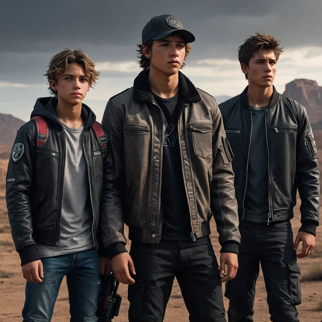 three young men standing in the desert under a cloudy sky, one wearing a leather jacket and the other wearing a leather jacket, rayonism, concept art, Everett Warner, promotional image