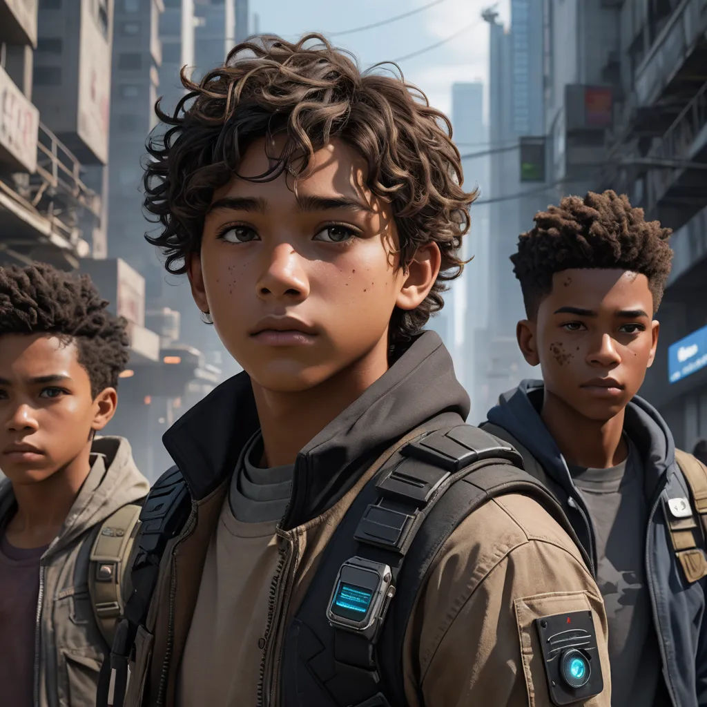 a group of young men standing next to each other in a city street with tall buildings in the background, antipodeans, concept art, Eddie Mendoza, key art