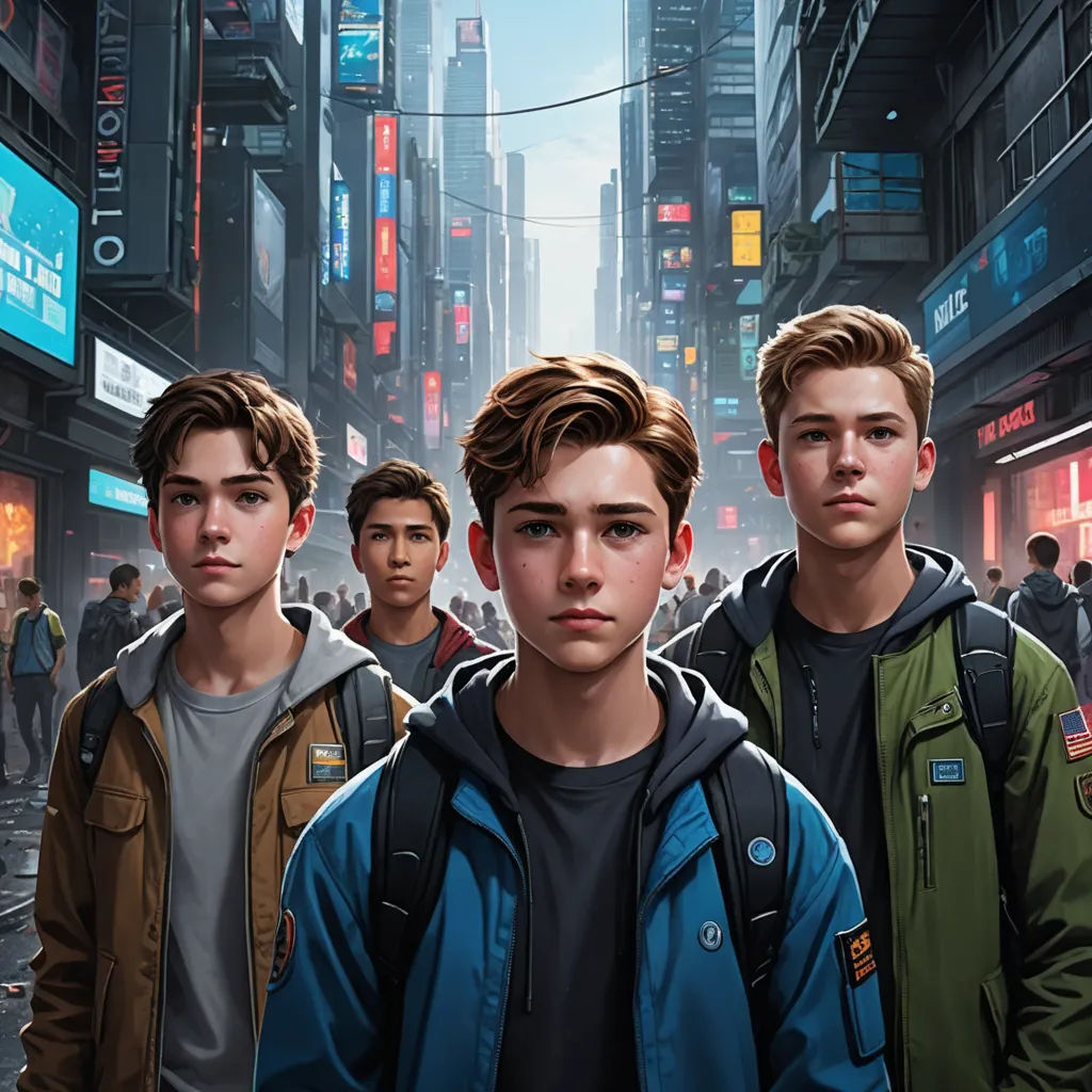 a group of young men standing in a city street with a cityscape in the background and a neon sign above them, sots art, concept art, Brothers Hildebrandt, key art