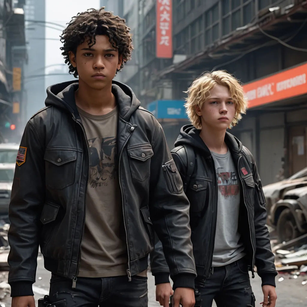 two young men walking down a street in a city with a broken car behind them and a building in the background, antipodeans, a comic book panel, Felix-Kelly, promotional image