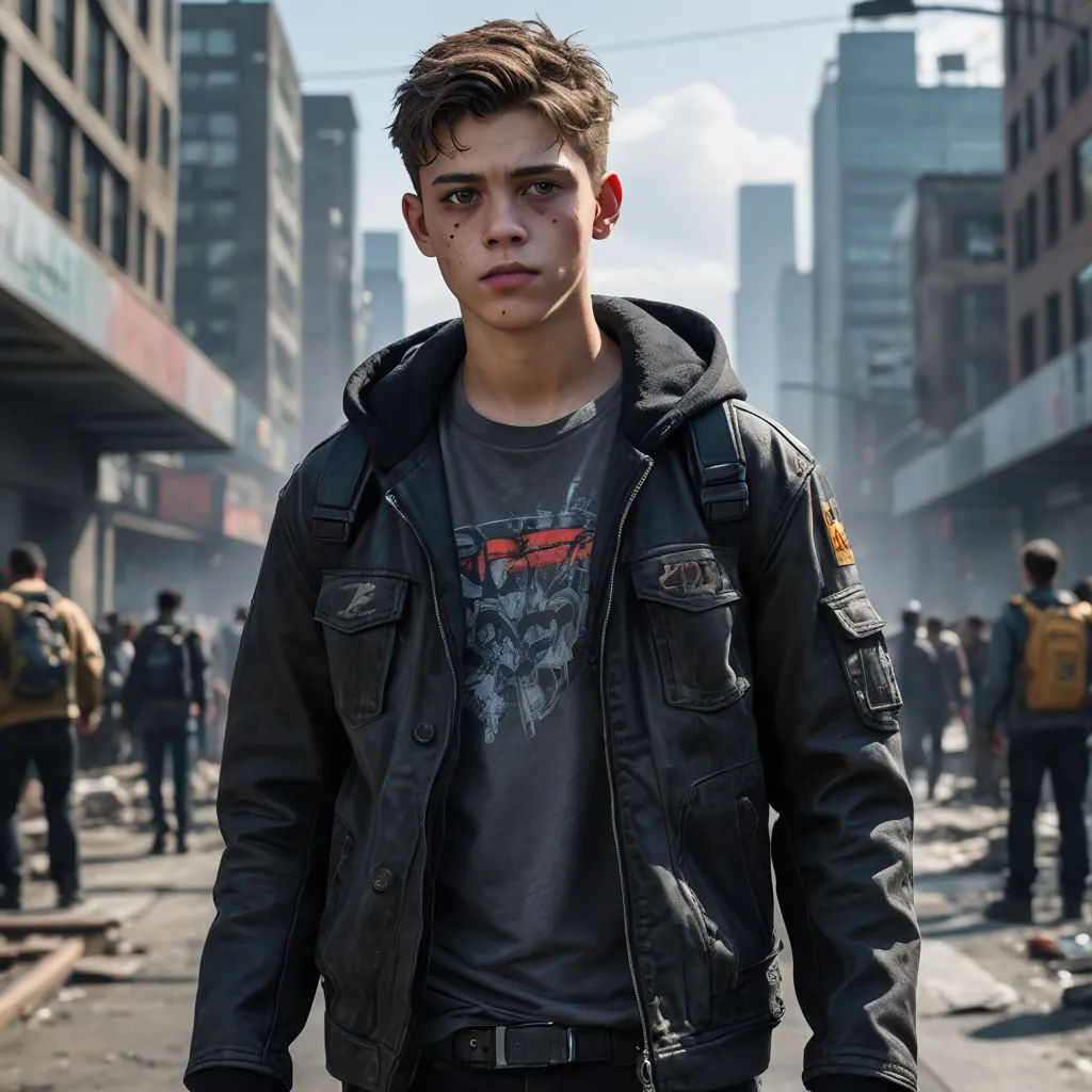 a young man in a leather jacket standing in a street with other people in the background and a city street, rayonism, a character portrait, Adam Rex, vfx