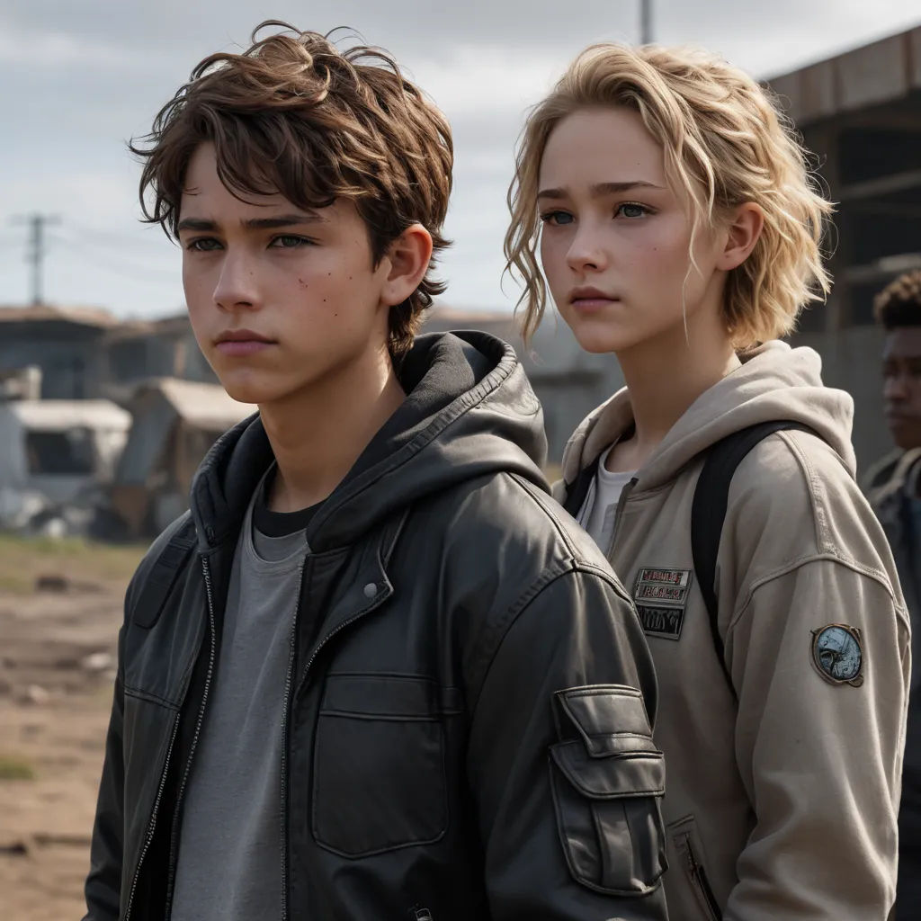 a boy and a girl standing next to each other in a dirt lot with a building in the background, antipodeans, a poster, Felix-Kelly, promotional image
