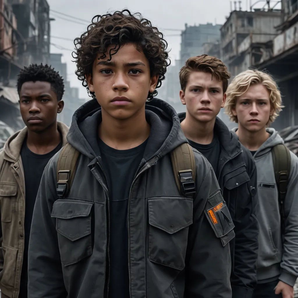 a group of young men standing in a street in a city with buildings in the background and a person in the foreground, neoism, a poster, Ejler Bille, vfx