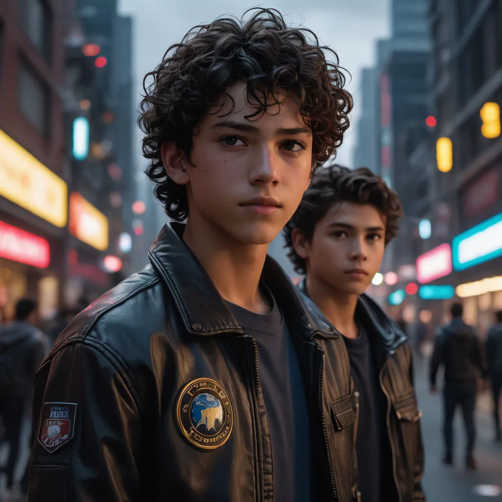a young man in a leather jacket standing on a city street at night with a crowd of people walking by, photorealism, concept art, Eddie Mendoza, vfx