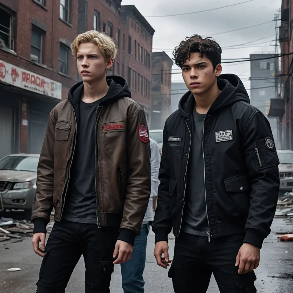 two young men standing on a street corner in the rain, one wearing a brown jacket and the other a black jacket, antipodeans, a poster, Everett Warner, promotional image