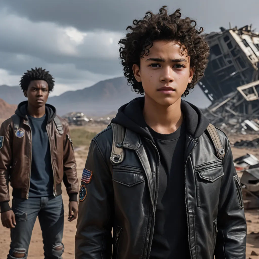 two men standing in front of a destroyed building with a sky background and a mountain in the background with a few clouds, afrofuturism, a poster, Everett Warner, promotional image