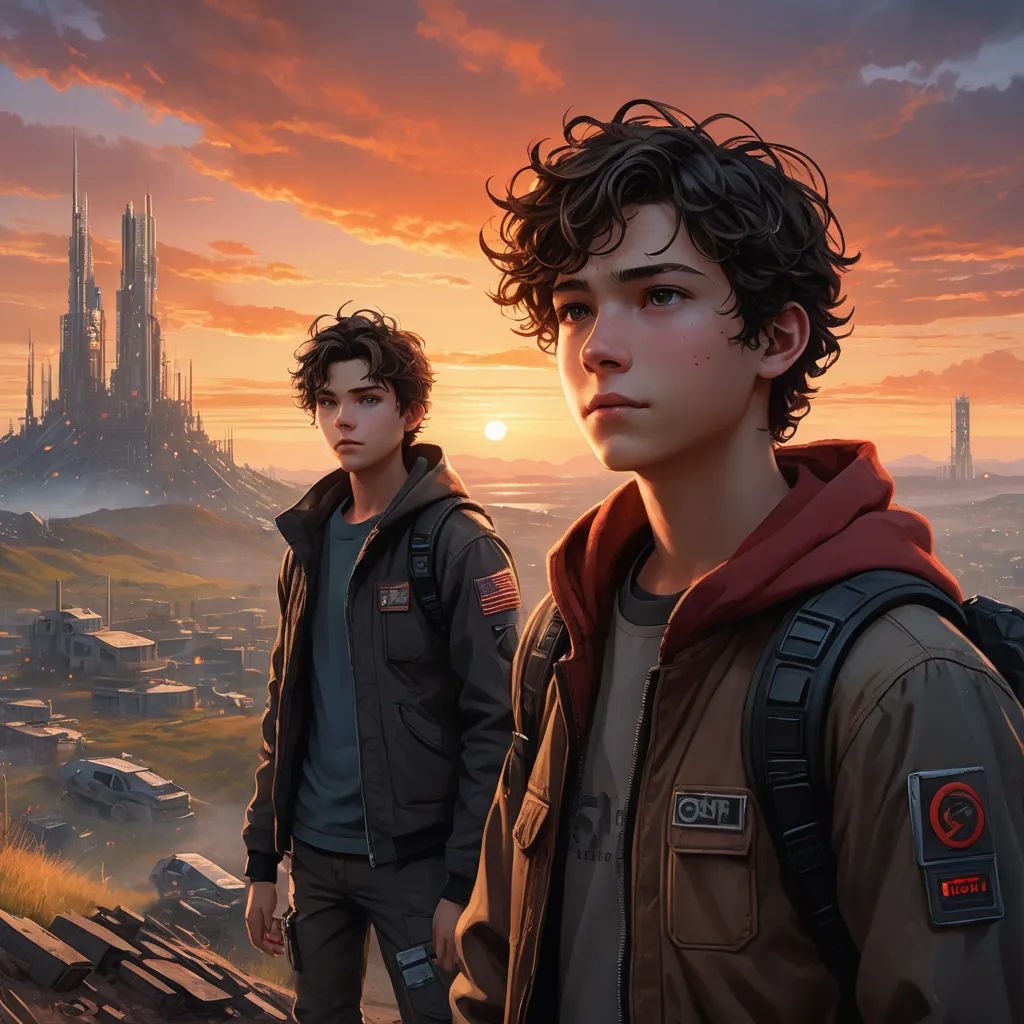 a couple of people standing next to each other on a field with a castle in the background and a sunset, sots art, concept art, Brothers Hildebrandt, key art