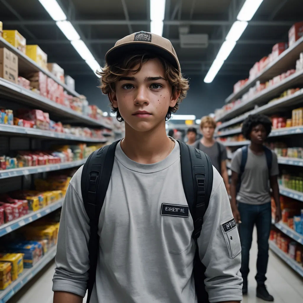 a boy with a backpack standing in a grocery aisle with other people in the background looking at the camera, neo-figurative, a character portrait, Daniel Lieske, kai carpenter