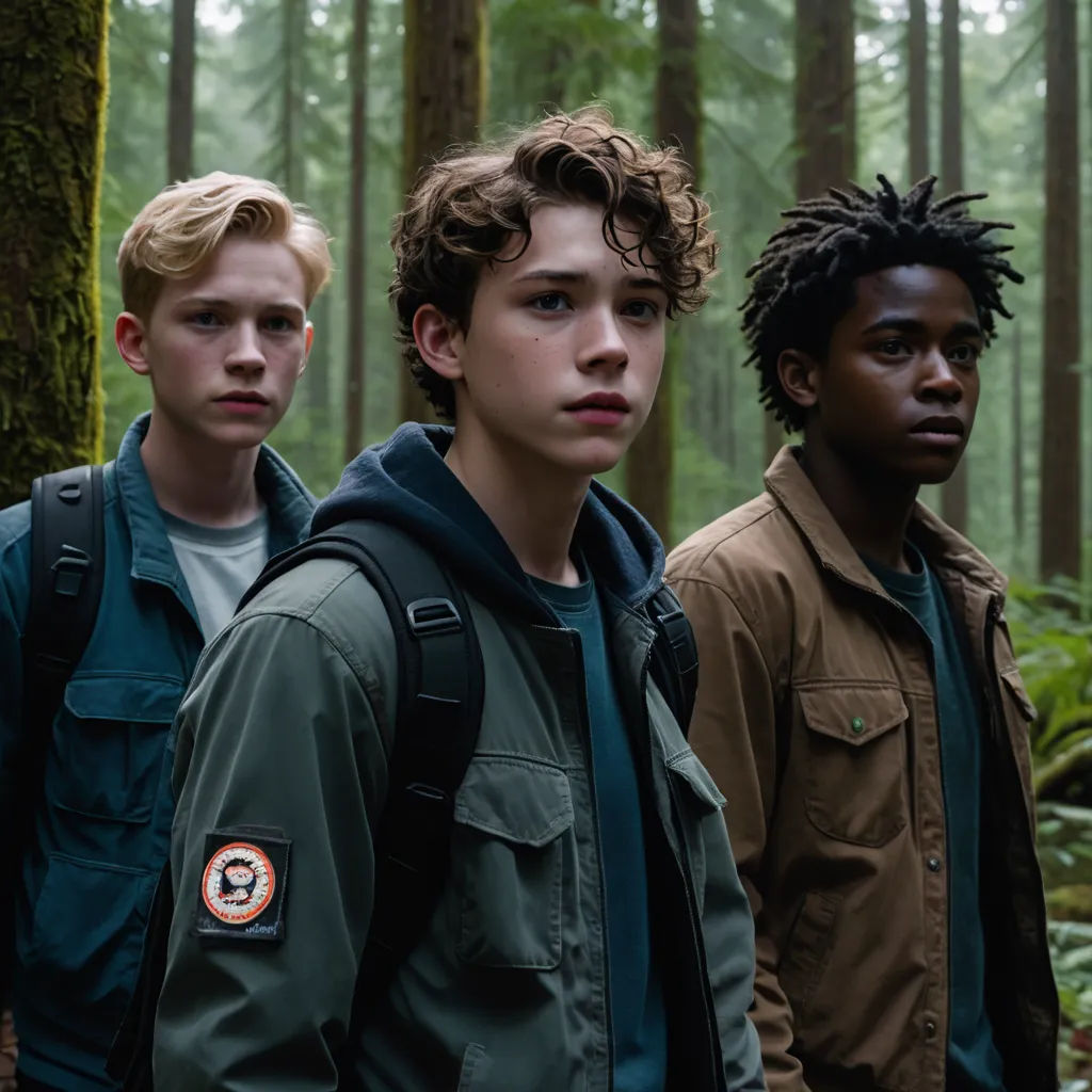 a group of young men standing in a forest together, with one man wearing a backpack and the other wearing a backpack, vancouver school, a poster, Felix-Kelly, movie still