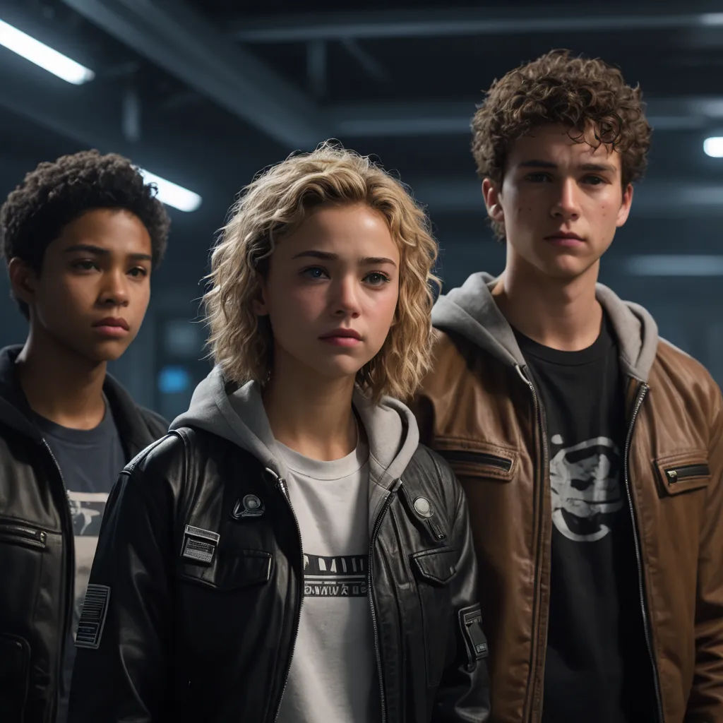 a group of young people standing next to each other in a building with lights on the ceiling and a dark background, antipodeans, a poster, Felix-Kelly, promotional image