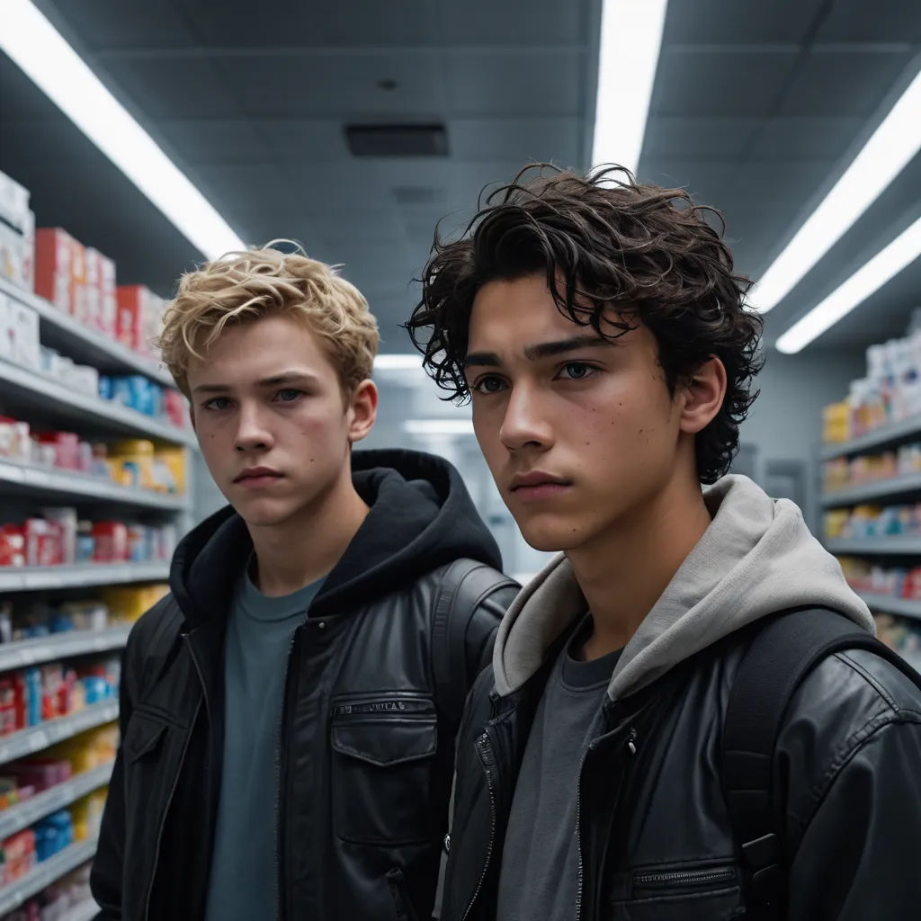 two young men standing in a grocery store aisle looking at the camera with a serious look on their face, neoism, a poster, David Budd, movie still
