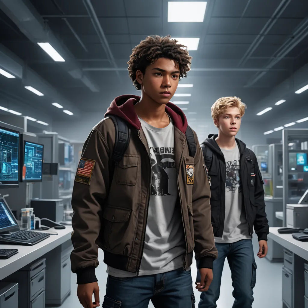 two young men standing in a room with computers on the desks and a laptop on the desk in front of them, northwest school, computer graphics, Felix-Kelly, tech wear