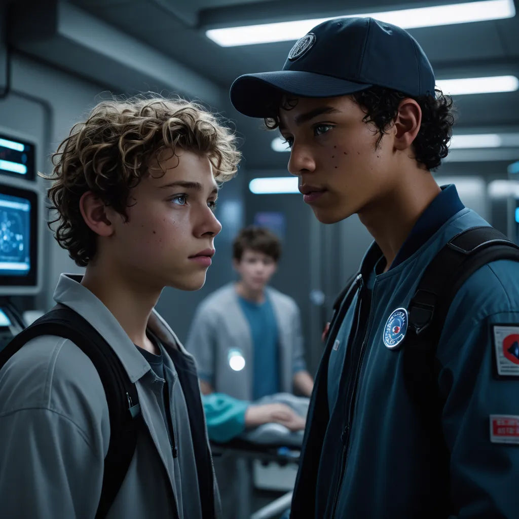 two boys in a room with monitors and a man in a baseball cap looking at something on the wall, neoism, a renaissance painting, Felix-Kelly, promotional image