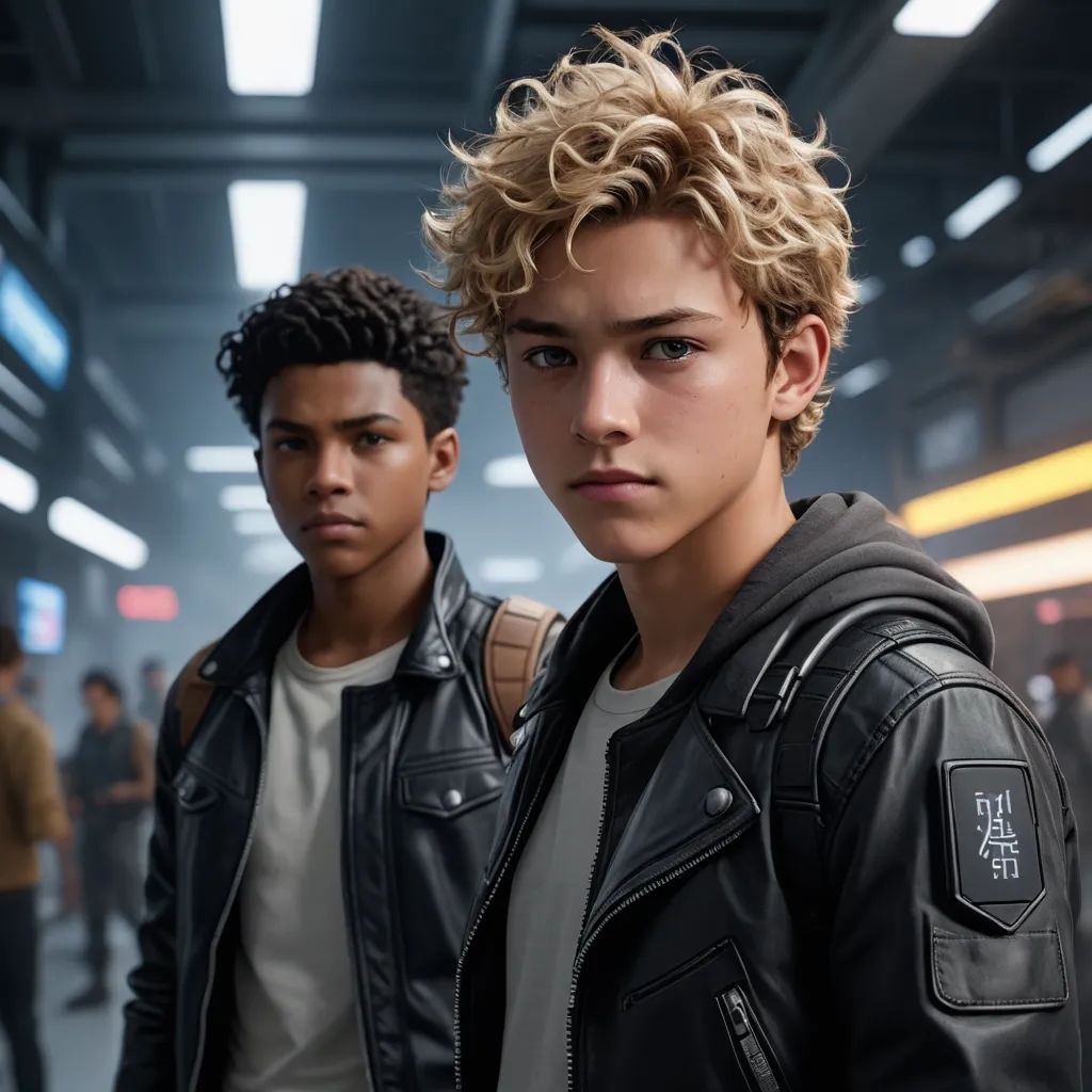 two young men in a subway station looking at the camera with a serious look on their face and shoulders, photorealism, concept art, Cedric Seaut (Keos Masons), unreal engine highly rendered