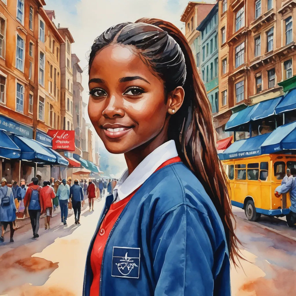 a painting of a girl in a school uniform on a street with people walking by and a bus in the background, bengal school of art, a photorealistic painting, Ernie Barnes, highly detailed oil painting