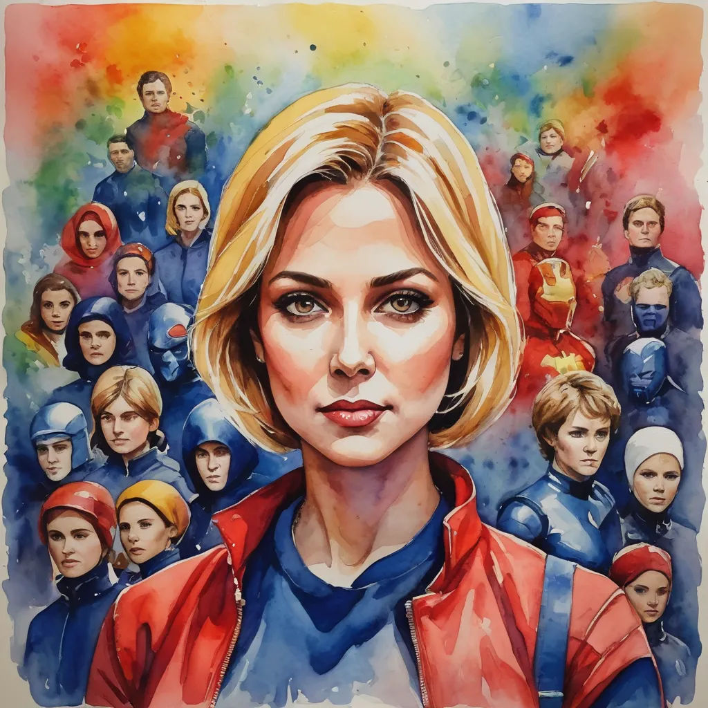 a painting of a woman surrounded by a group of people in blue and red jackets and red jackets, with a red jacket on, figurative art, a watercolor painting, Caroline Lucy Scott, official art