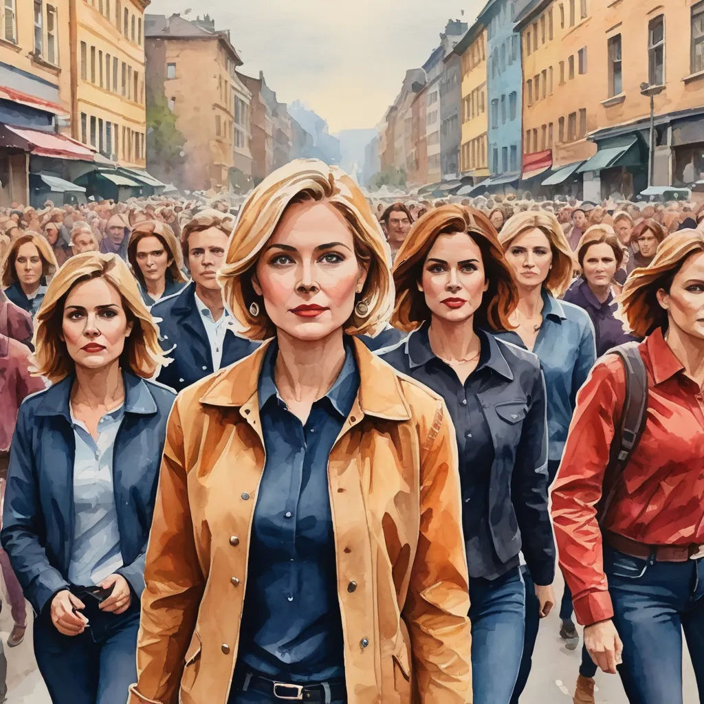 a painting of a woman walking down a crowded street with other people in the background and a crowd of people in the background, antipodeans, poster art, Barclay Shaw, promotional image