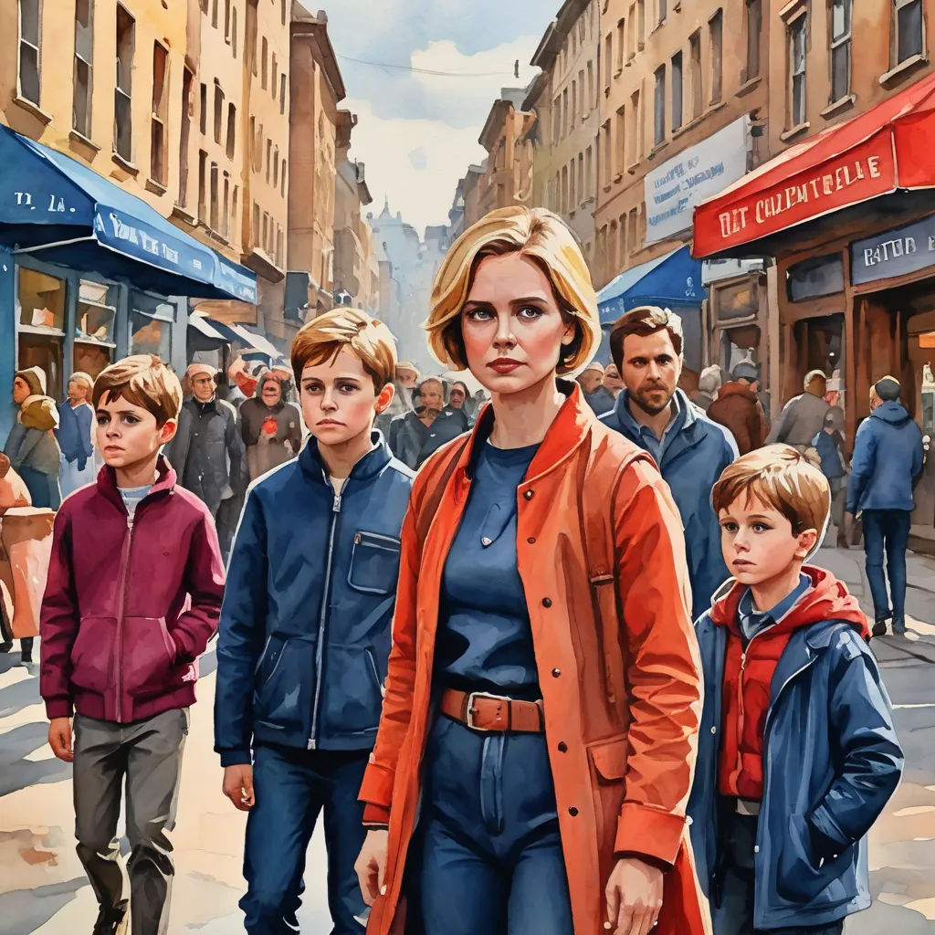 a painting of a woman walking down a street with two boys on either side of her and a man on the other side of the street, antipodeans, a detailed painting, Barclay Shaw, official art