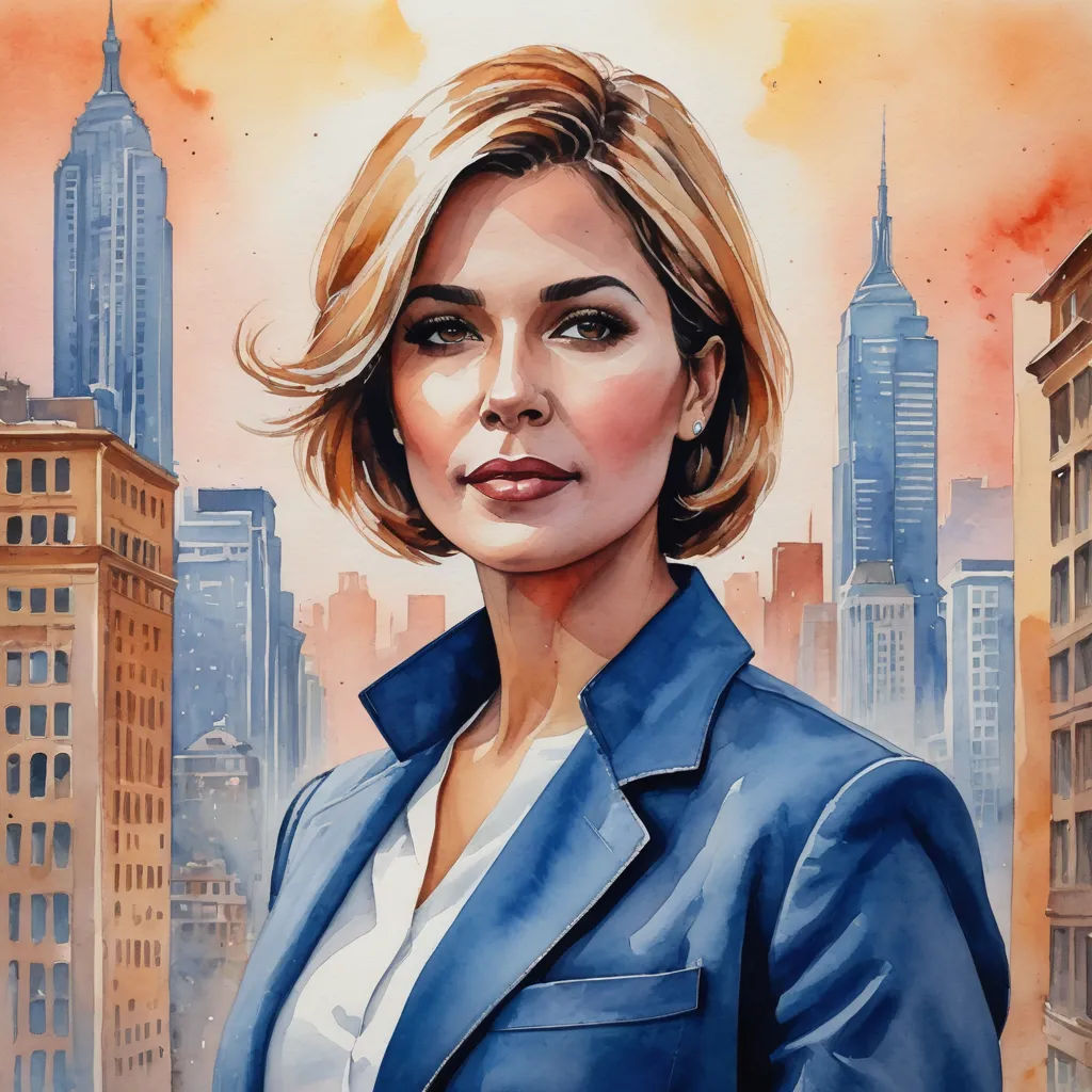 a painting of a woman in a blue suit in front of a city skyline with skyscrapers and a red sky, lyco art, a character portrait, Aleksi Briclot, key art