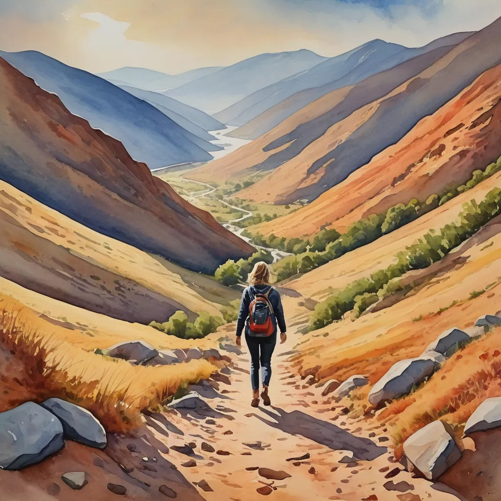 a painting of a person walking down a dirt path in the mountains with a backpack on their back and a river running through the valley behind, figurative art, a watercolor painting, Ada Hill Walker, in gouache detailed paintings