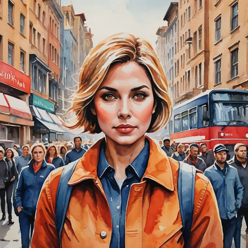 a painting of a woman in a blue shirt and orange jacket in a crowded city street with a bus, figurative art, a detailed painting, Colin Middleton, in gouache detailed paintings