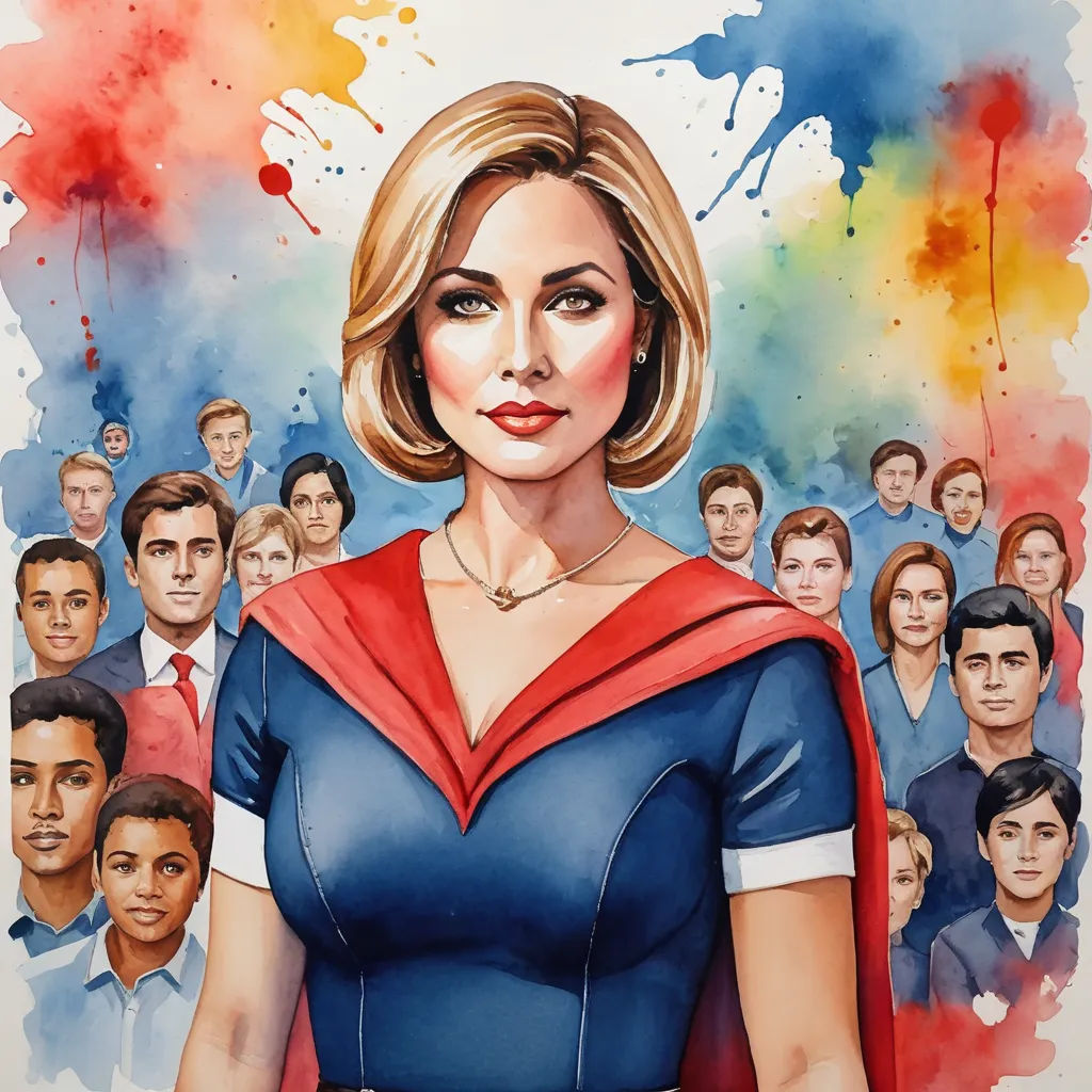 a painting of a woman in a blue dress surrounded by a crowd of people, with a red cape on her shoulders, american realism, poster art, Araceli Gilbert, official art