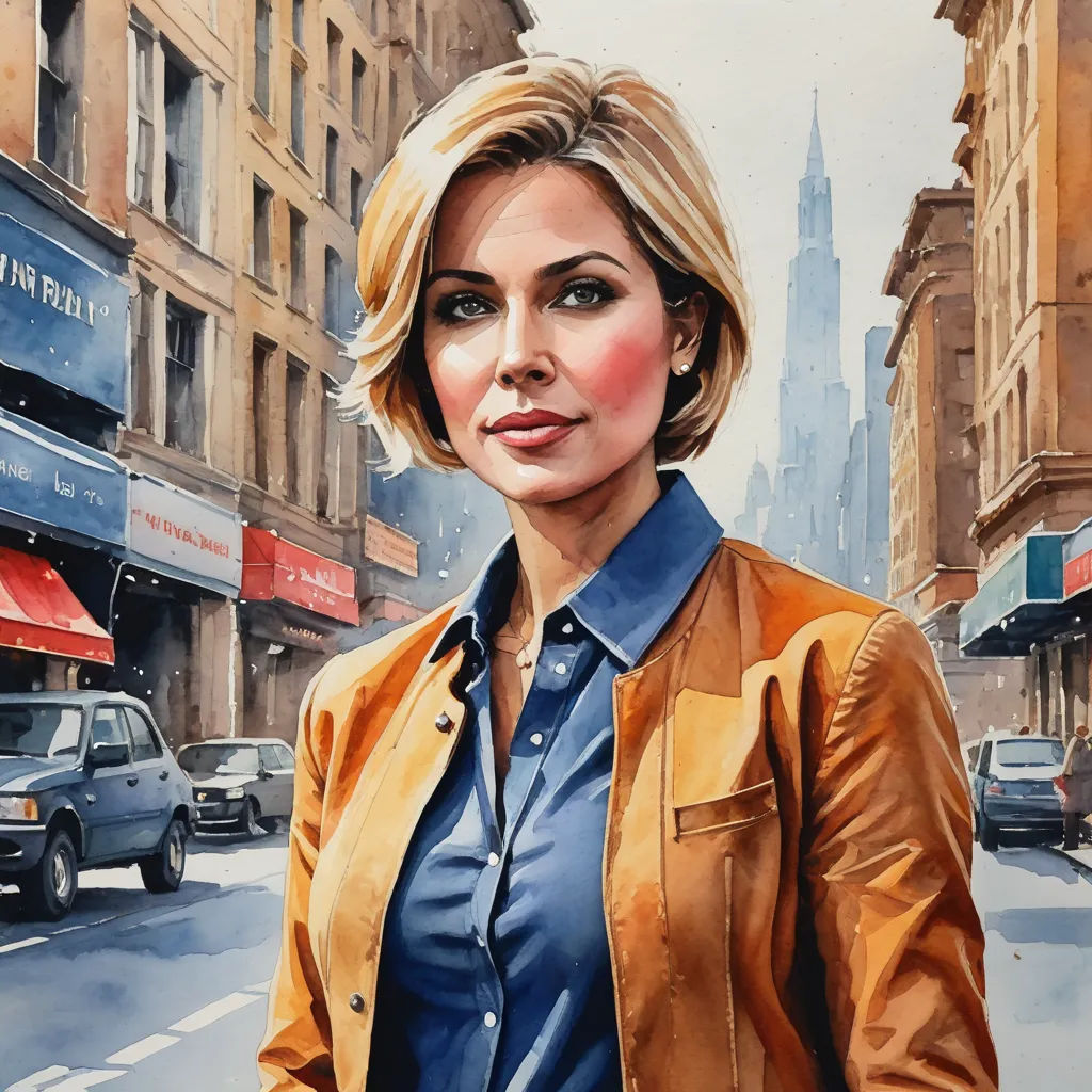 a painting of a woman in a leather jacket on a city street with cars and buildings in the background, figurative art, a photorealistic painting, Anna Maria Barbara Abesch, detailed painting