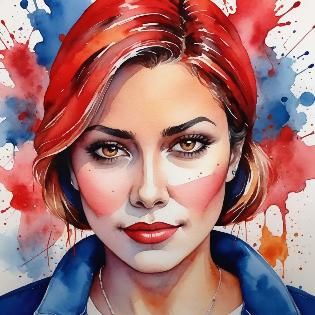 a painting of a woman with red hair and blue shirt on, with red and blue splatters, modern european ink painting, a watercolor painting, Artgerm, watercolor