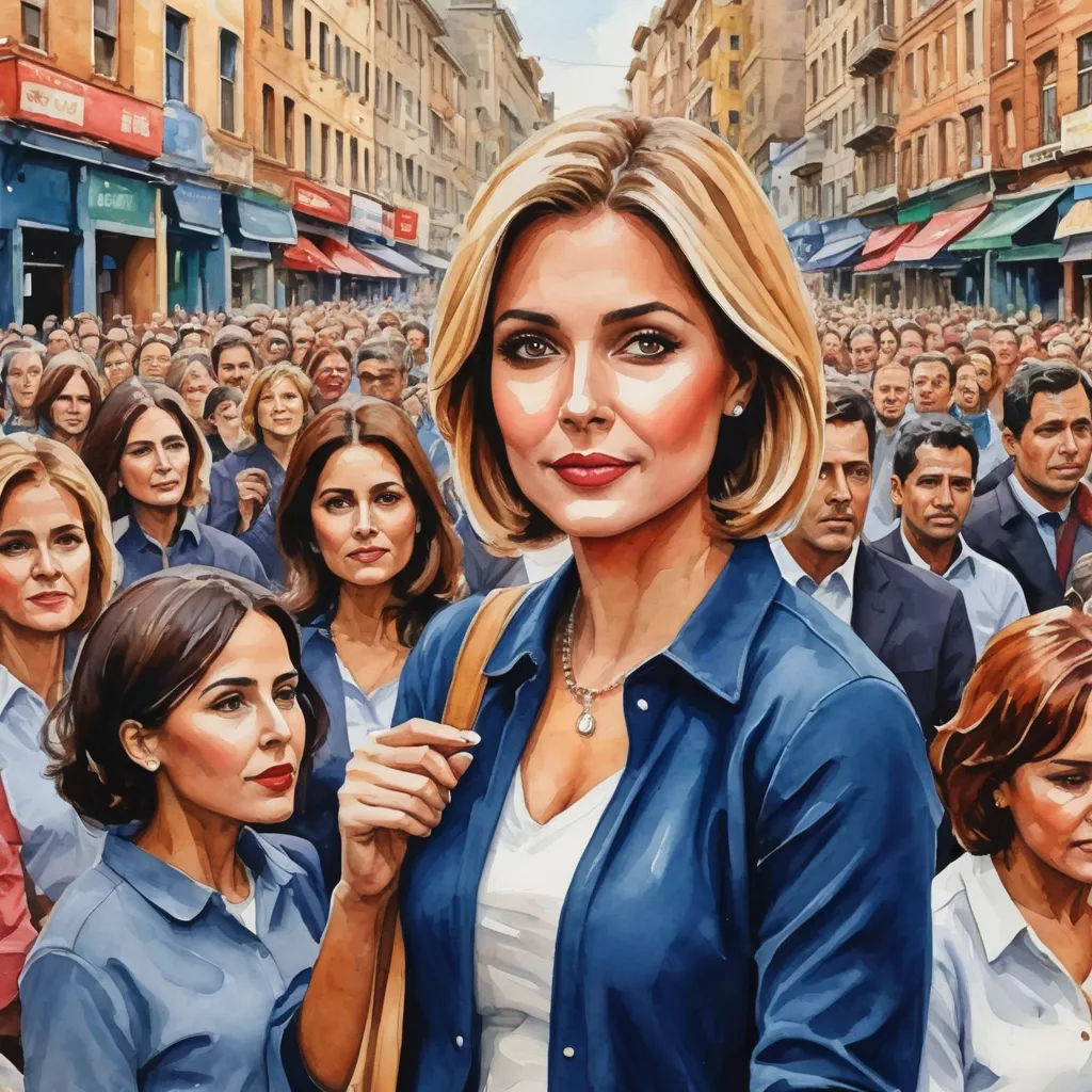 a painting of a woman standing in front of a crowd of people in a city street with a man in the middle of the picture, socialist realism, a hyperrealistic painting, Didier Mouron, extremely detailed oil painting