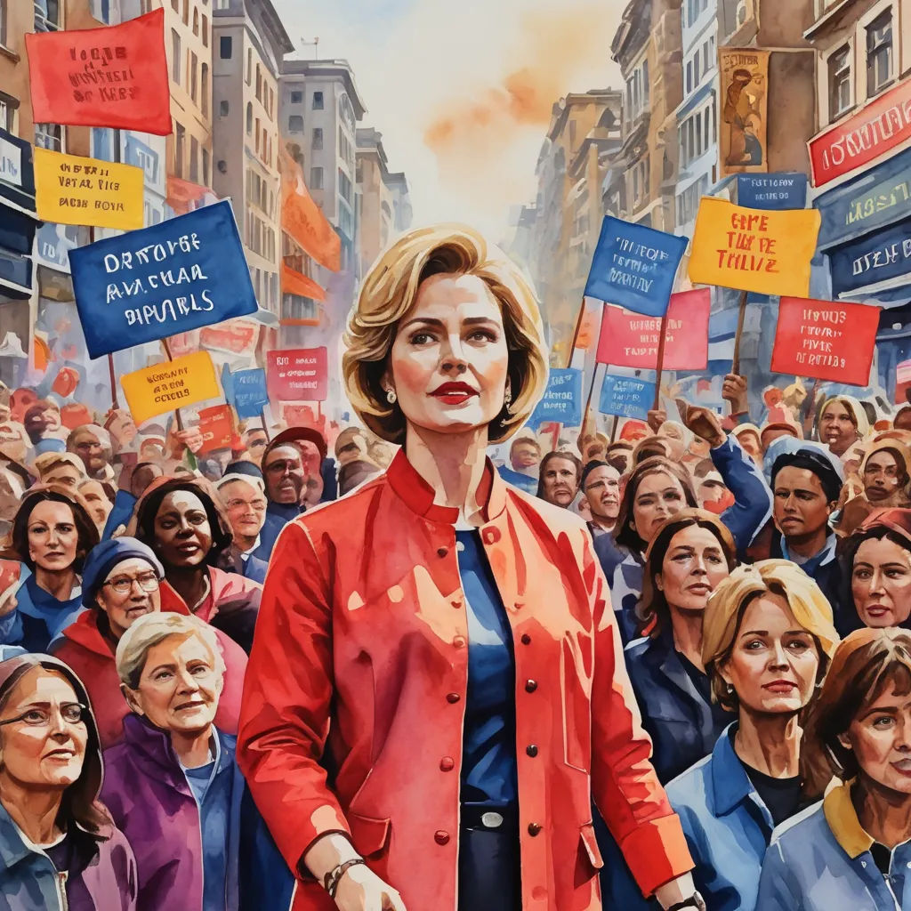 a painting of a woman standing in front of a crowd of people holding signs and flags in a city, socialist realism, a poster, F Scott Hess, official art