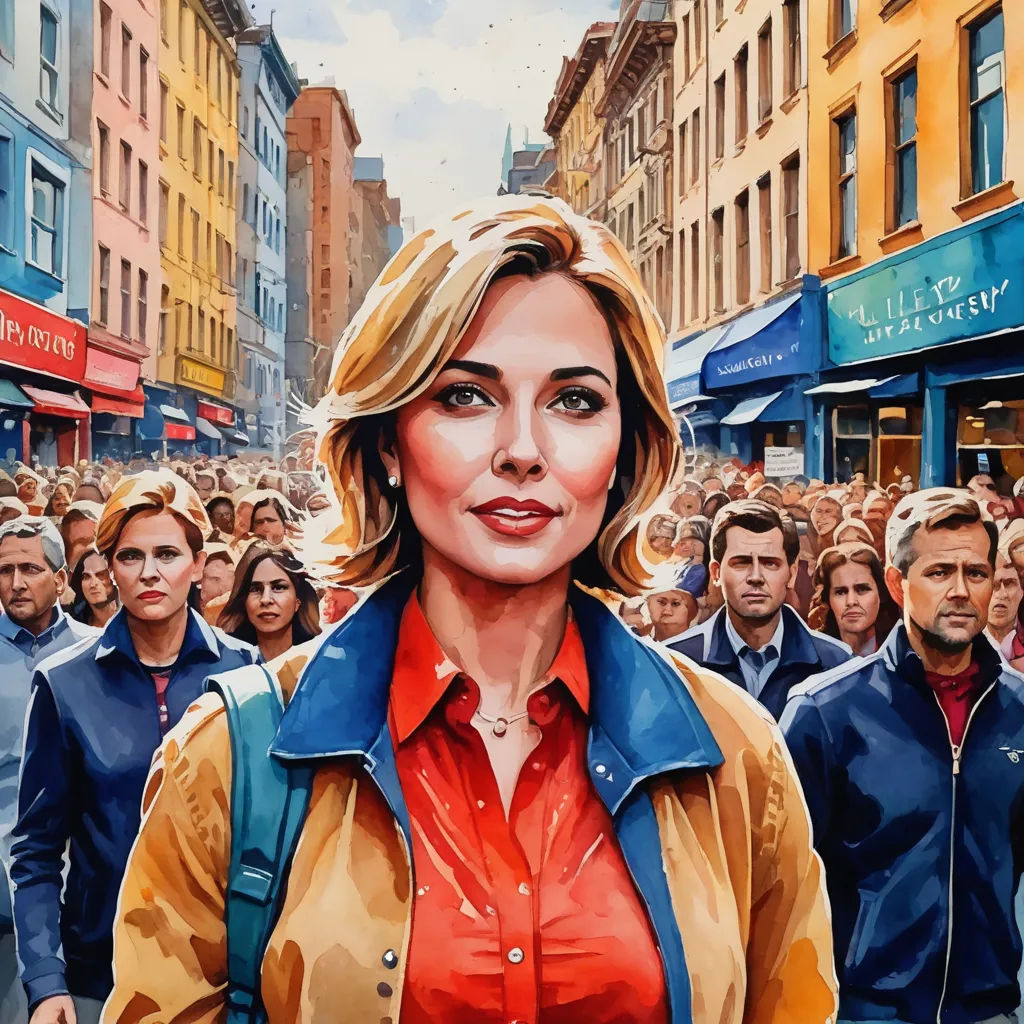 a painting of a woman in a crowd of people on a city street with buildings in the background and a man in a blue jacket, socialist realism, a detailed painting, Christen Købke, extremely detailed oil painting