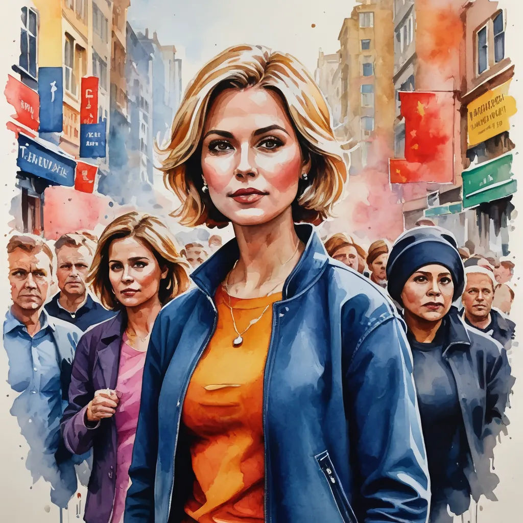 a painting of a woman in a crowd of people in a city street with a man in the background, sots art, poster art, Christen Købke, promotional image