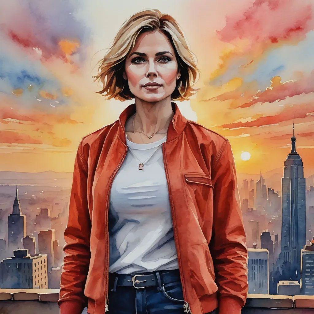 a painting of a woman standing in front of a cityscape with a sunset in the background and a red jacket on, figurative art, a fine art painting, Eric Zener, key art