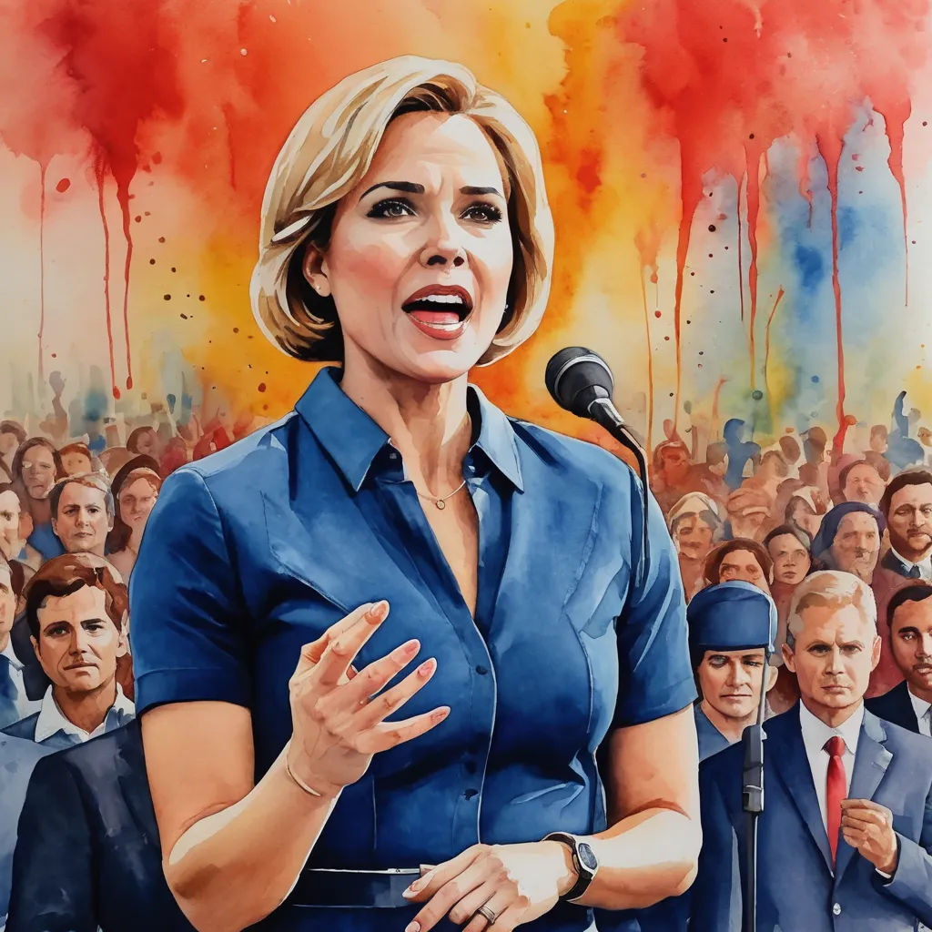 a painting of a woman speaking into a microphone in front of a crowd of people with blood on the walls, socialist realism, a detailed painting, Eugeen Van Mieghem, official art