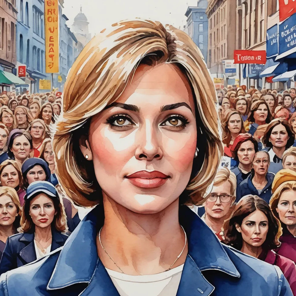 a painting of a woman in a crowd of people in a city street with a building in the background, socialist realism, a detailed painting, Alison Debenham, ultra realistic illustration