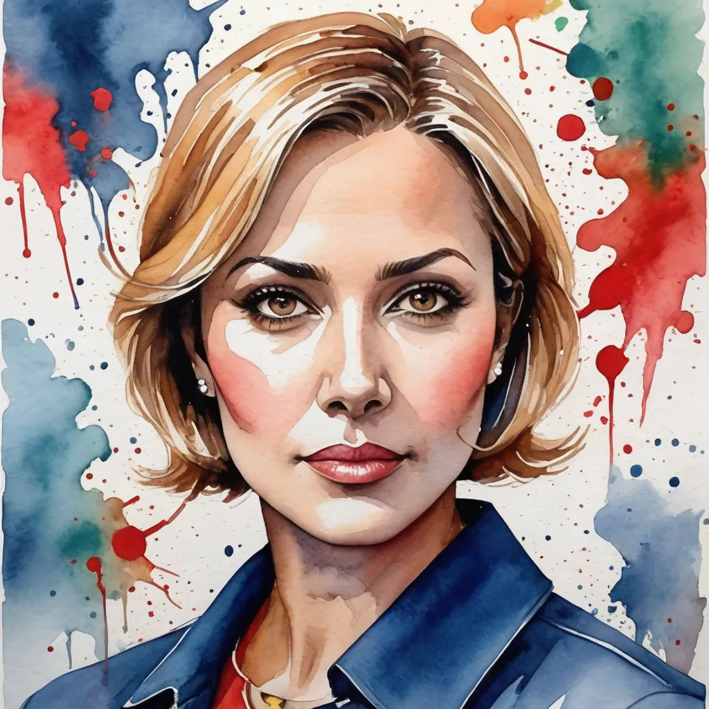a painting of a woman with a blue shirt and red shirt on her shirt is shown in front of a watercolor background, de stijl, a watercolor painting, Constance Gordon-Cumming, detailed painting