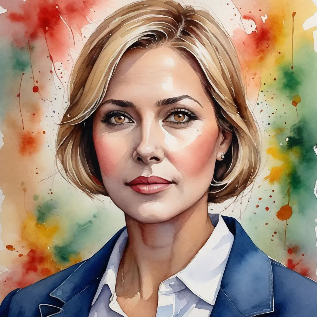 a painting of a woman with a blue jacket and white shirt on a colorful background with watercolor stains, academic art, a detailed painting, Alison Debenham, realistic portrait