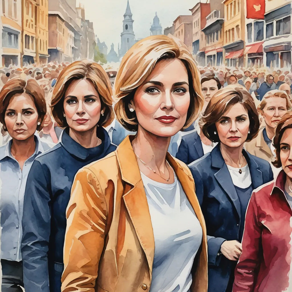 a painting of a woman standing in front of a crowd of people in a city street with a red flag, socialist realism, a painting, Eugeen Van Mieghem, ultra realistic illustration