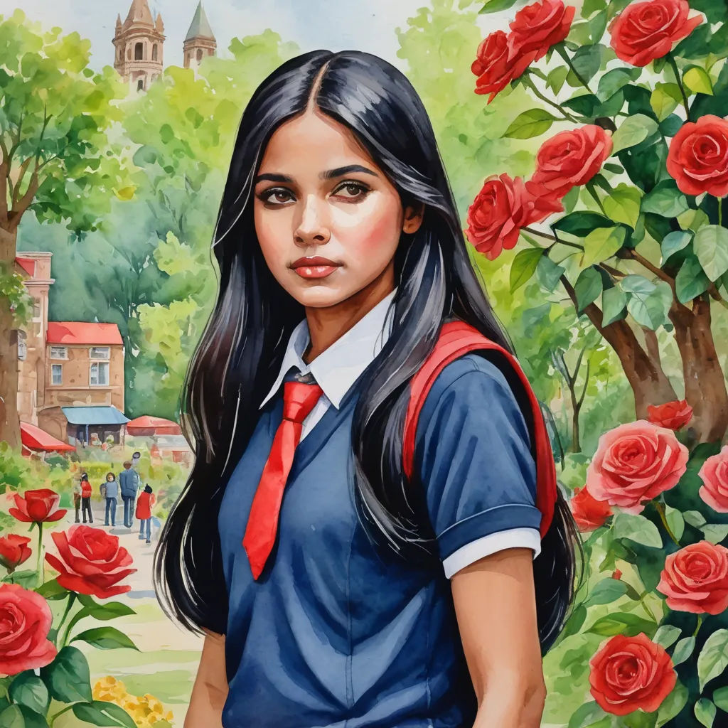 a painting of a girl in a school uniform with roses around her neck and a building in the background, figurative art, a painting, Bhupen Khakhar, official art