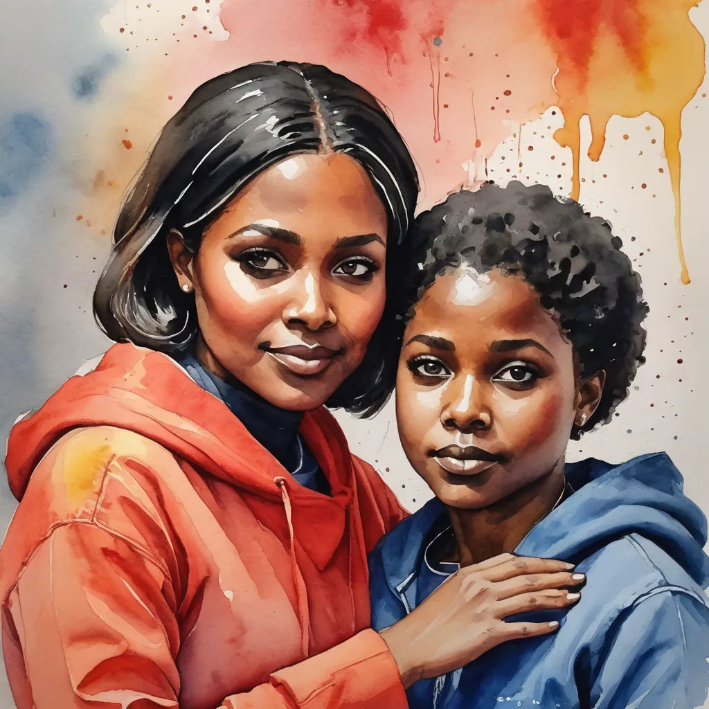 a painting of two women hugging each other with a splash of paint on the wall behind them and a red and yellow background, figurative art, a watercolor painting, Christabel Dennison, in gouache detailed paintings